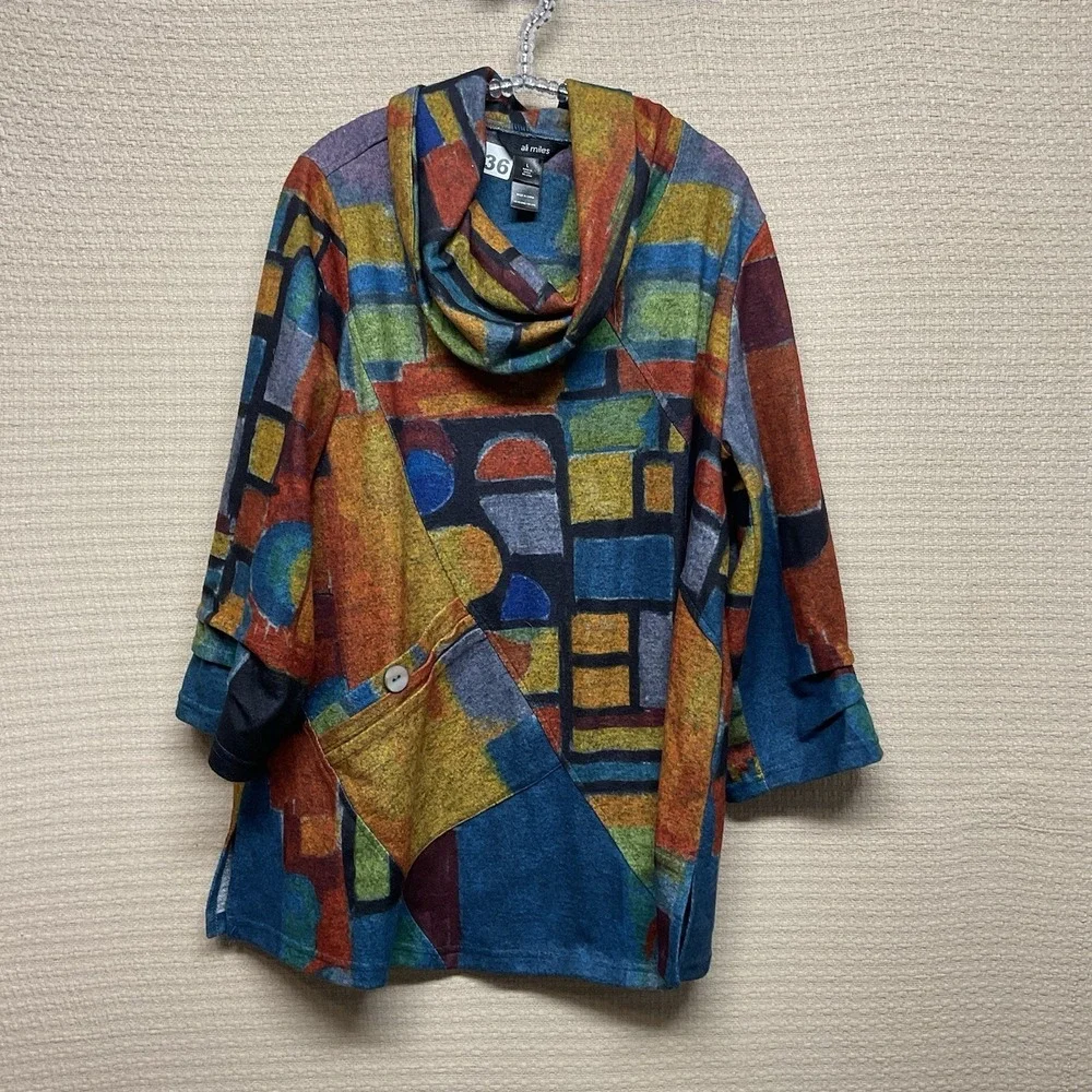 Ali Miles Womens Large Multicolor Geo Abstract Cowl Neck Tunic Top